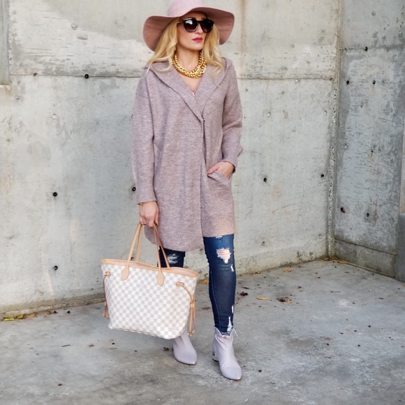 Mauve Open Front Knitted Cardigan w hoodie - Picture 6 of 8